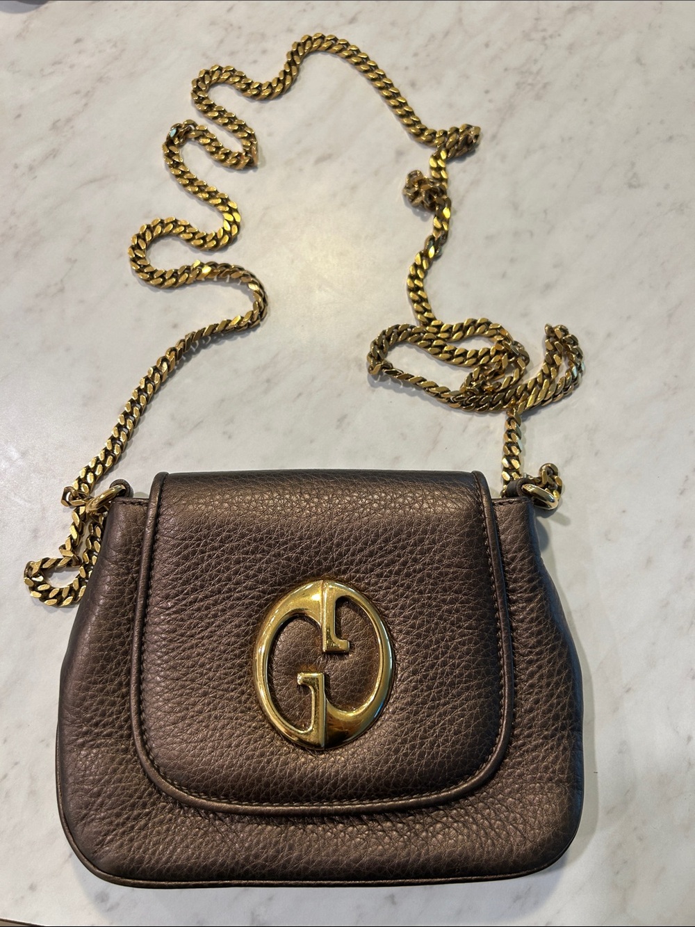 Gucci Brown Pebbled Leather Crossbody with Gold GG Chain